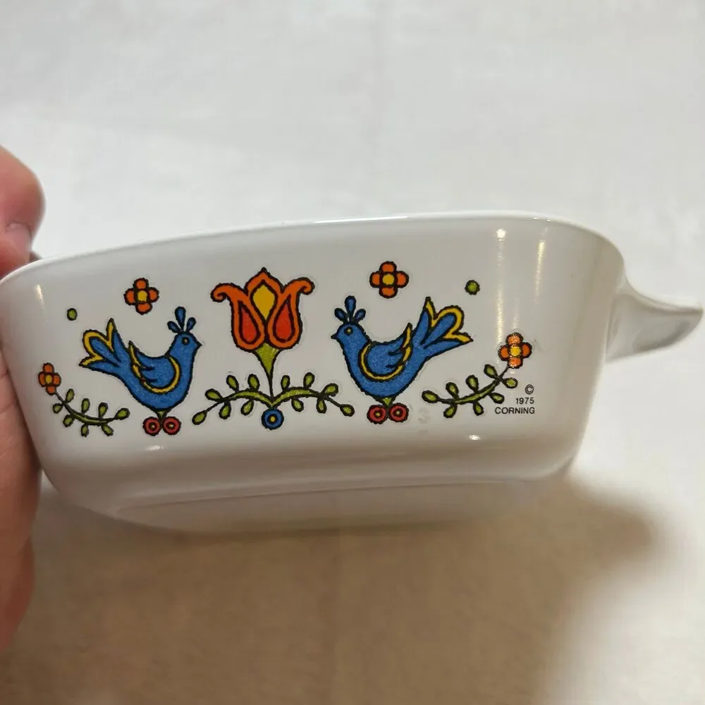 Vintage Corning country festival Casserole Dish 1975 Folk Art Baking Dish 5x5
